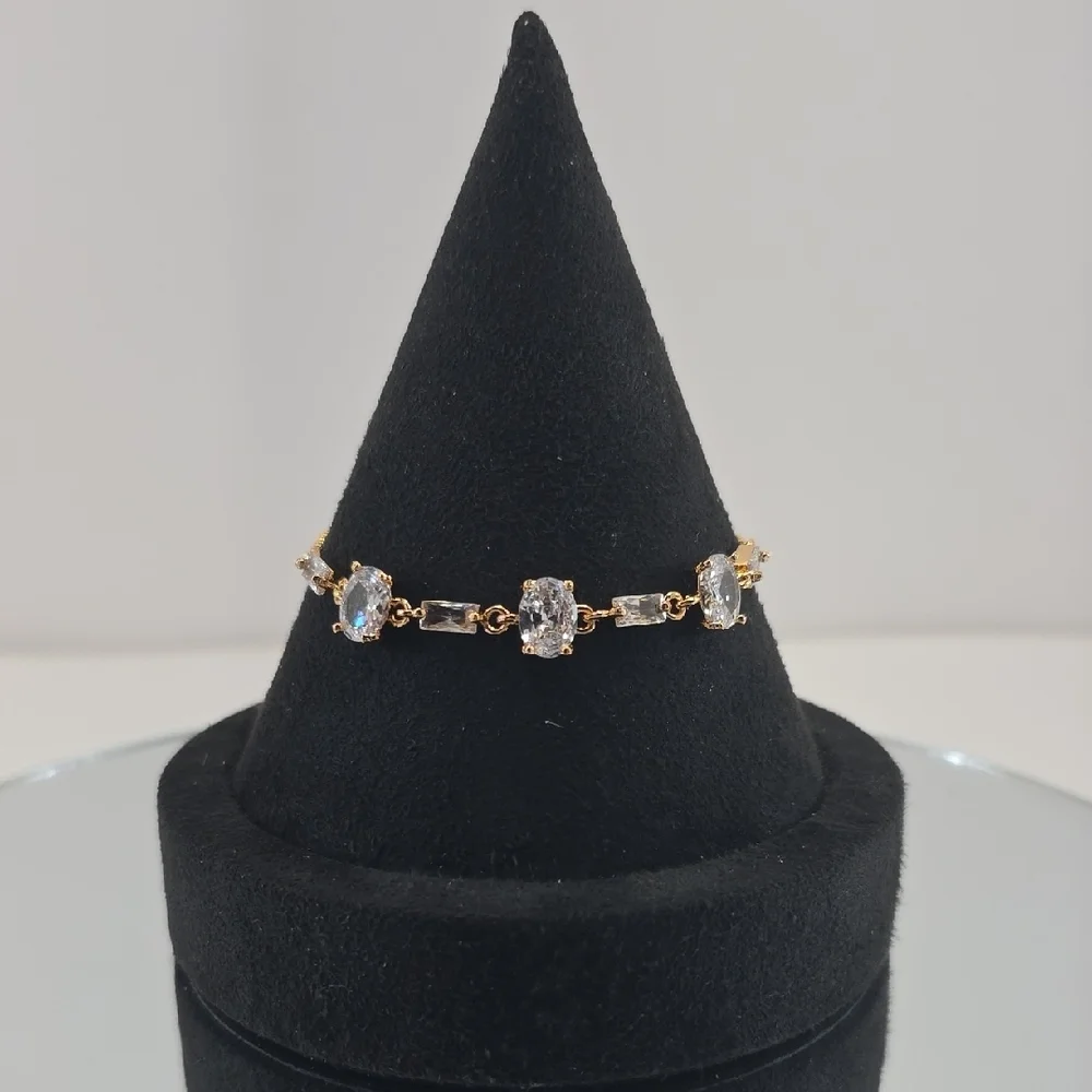 Rose Gold Plated Adjustable Bracelet • Oval Simulated Diamonds • Slider Style